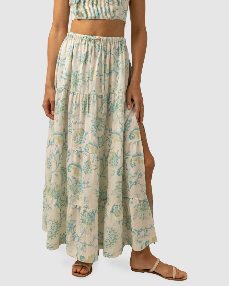 Womens * | Rhythm Sale Online Cairo Tiered Maxi Skirt Blue