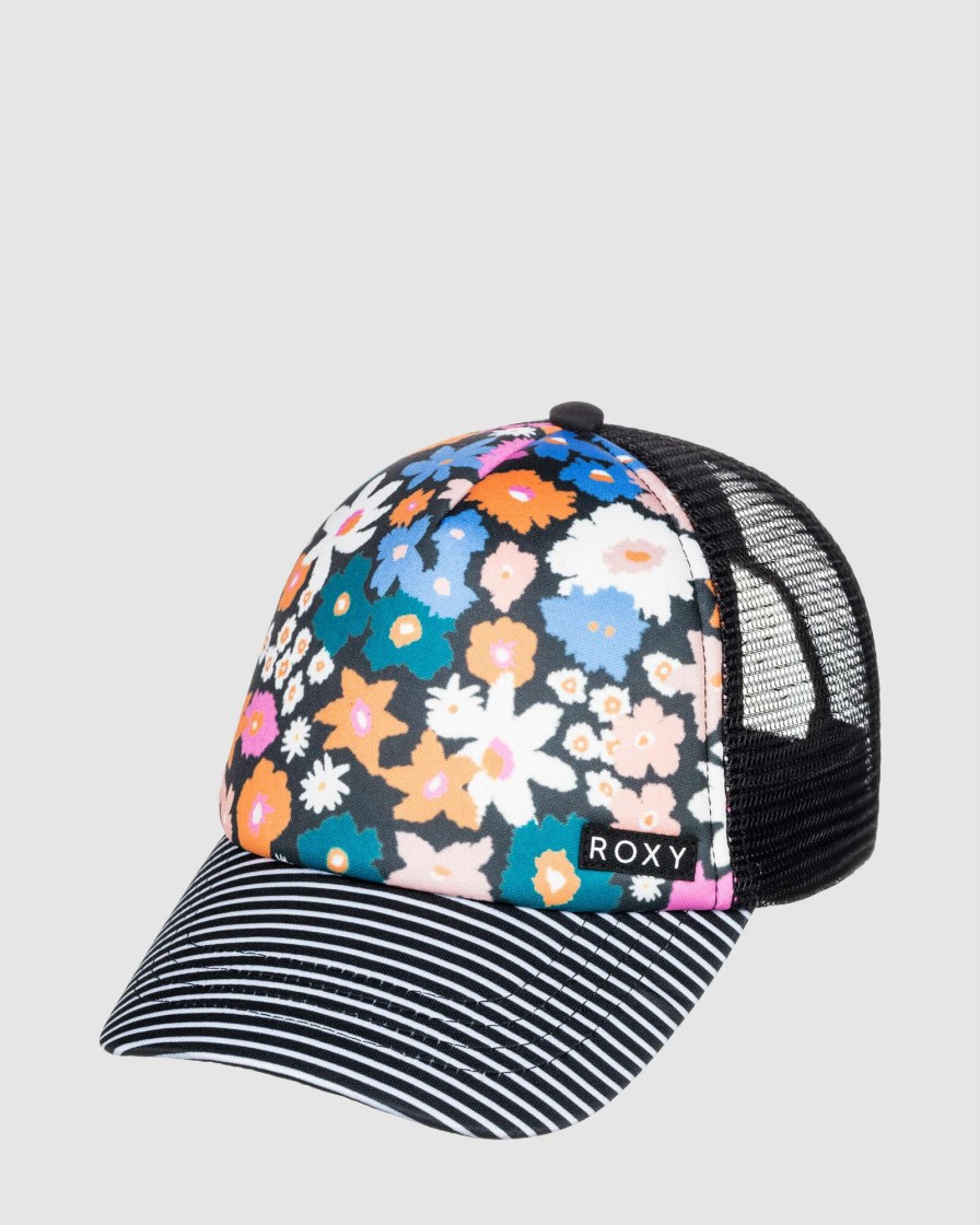 Girls * | Roxy Best Sale Girl'S 4-16 Honey Coconut Trucker Hat Anthracite Flower Power